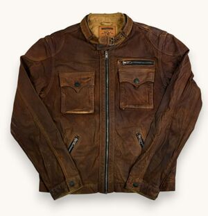 True Religion Men's Brown Waxed Denim Moto Jacket Bikercore Badlands Chad XXL